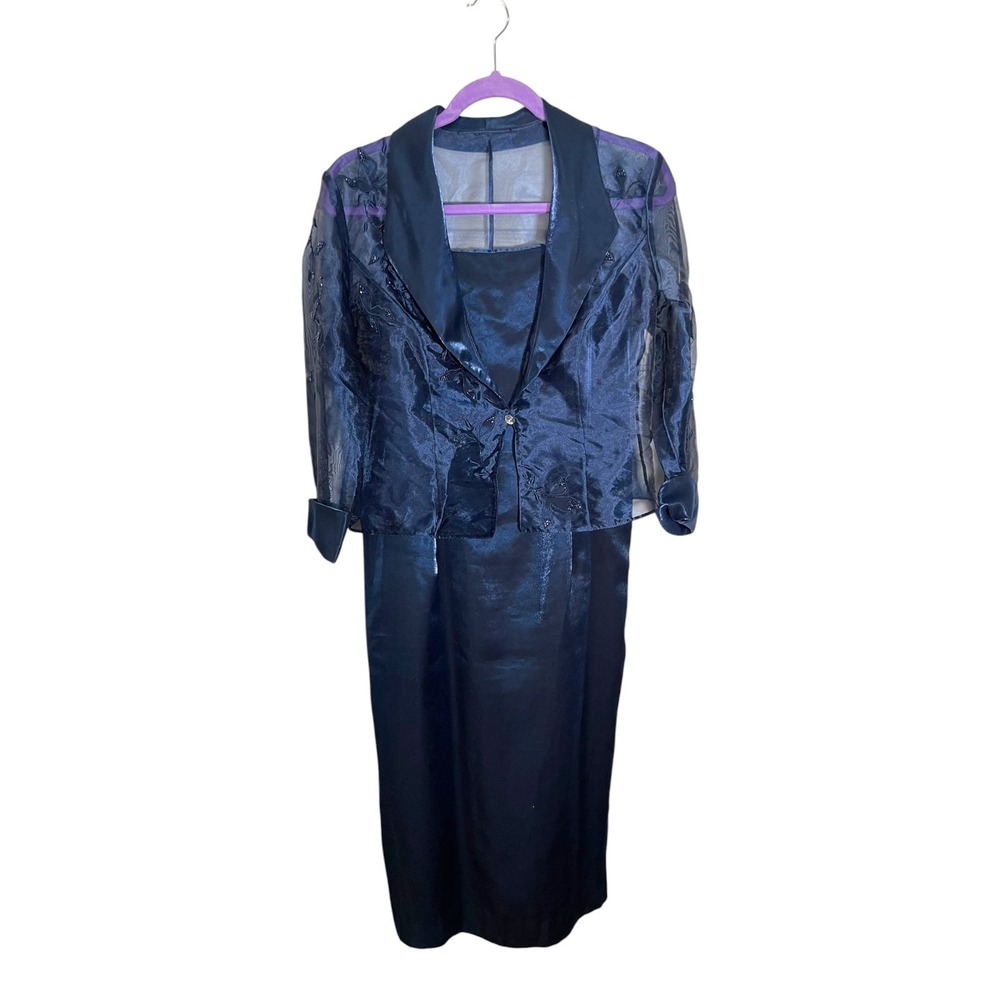 Navy Blue Dress and Sheer Embroidered Jacket Set Metallic Formal Evening Wear